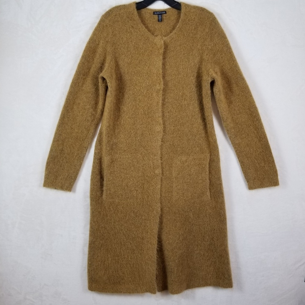 Eileen Fisher Mohair Wool Blend Long Cardigan Sweater Mustard Yellow Ochre Small - Picture 2 of 7